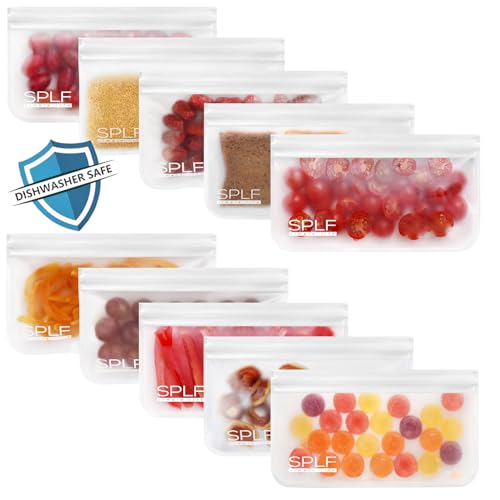 SPLF 10 Pack Dishwasher Safe Reusable Snack Bags, BPA Free Reusable Food Storage Freezer Bags Leakproof Silicone and Plastic Free Lunch Bags Fridge Home Organization