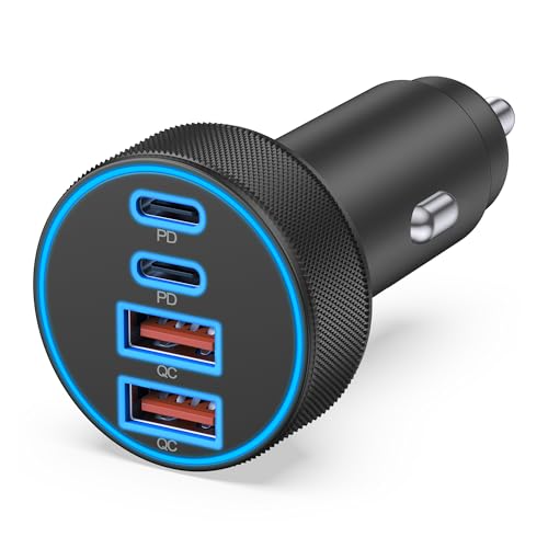 [4 in 1] USB C Car Charger, 4-Port 90W Super Fast Charging Cigarette Lighter Adapter, Dual 45W USBC & USB-A Multiport Car Phone Charger Accessories for iPhone 17 16 15 14 13 12, iPad, Galaxy, Tablet