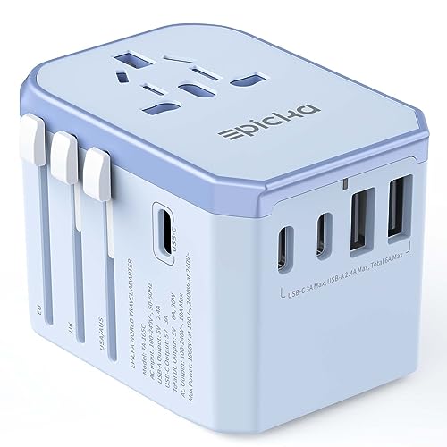 EPICKA Universal Travel Adapter, International Power Adapter with 2 USB-A & 3 USB-C Ports Wall Charger - Worldwide Travel Essentials, European Travel Plug Adapter for UK/US/AU (TA-105C, Blue)