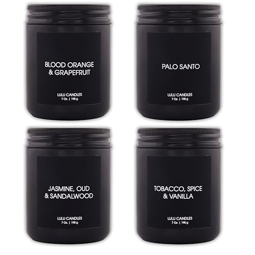 Lulu Candles | 4 Pack Scented Candles Gift Set | Gift Set for Home, Men, and Women | Jasmine, Oud & Sandalwood, Blood Orange & Grapefruit, Tobacco, Spice & Vanilla, and Palo Santo (4PCS - 7 Oz/Each)