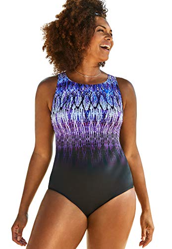 Swimsuits For All Women's Chlorine Resistant High Neck Tummy Control One Piece Swimsuit - 18, Purple Geometric (Plus