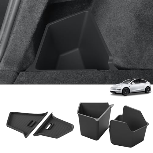 LUCKEASY Rear Trunk Storage Bins Fit for Tesla Model Y Juniper 2025 2026 Trunk Side Storage Box with Lids Rear Cargo Garbage Bins for Model Y Juniper 2025.03-Present Accessories Black TPE