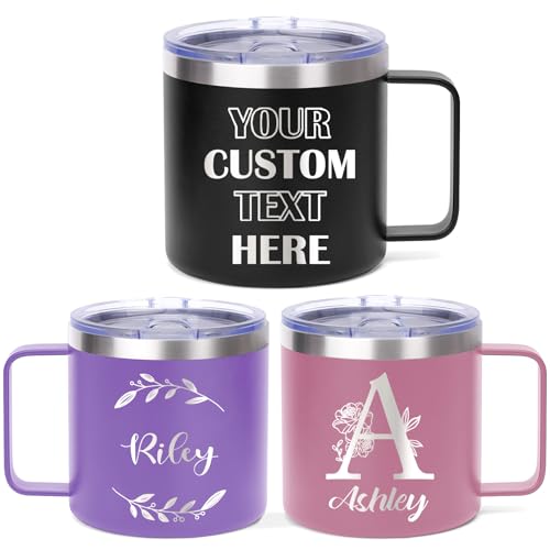Custom Insulated Coffee Tumbler, Personalized Travel Coffee Mug with Handle and Lid, 14oz Engraved Stainless Steel Coffee Mug, Personalized Gifts for Women Men and Friends