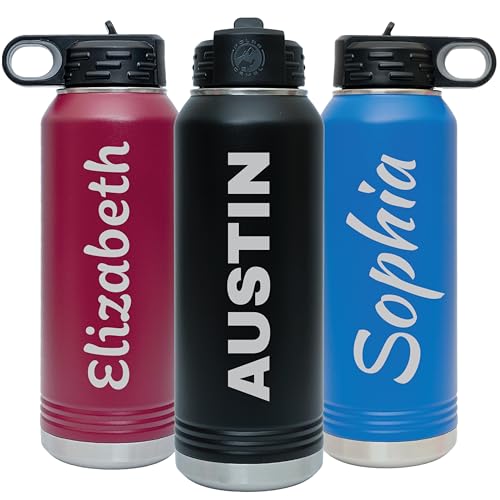 Next Day Shipping, Personalized Laser Engraved 12 20 32 40 oz Water Bottle with Name, Stainless Steel Double Wall Vacuum Insulated with Lid and Straw Custom Water Bottle (Name)