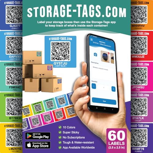 QR Code Storage Tags (Multicolored) - Smart Stickers - Tracking Labels for Totes - Scan Storage Bins & Containers - Moving House - Track Inventory - Android and iOS App - Pack of 60