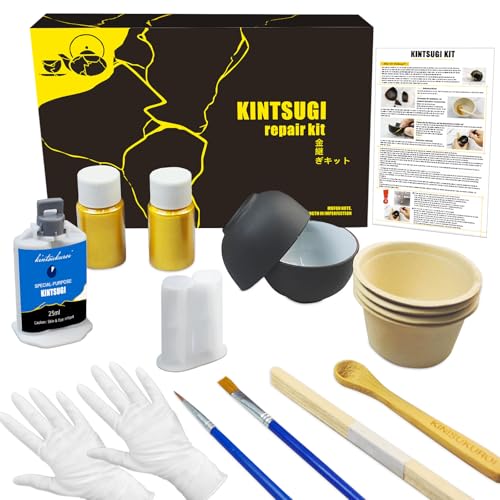 Kintsugi Repair Kit, Repair Your Meaningful Pottery with Kintsugi Gold Glue - Kintsugi Kit Comes with Two Practice Ceramic Cups for Starter Practice