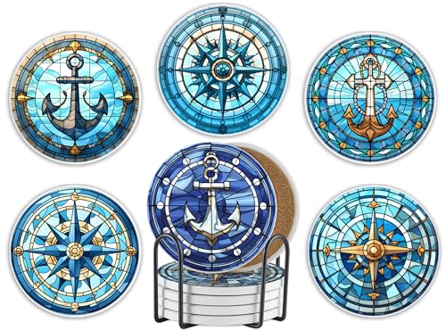 Onebttl Boating Nautical Gifts for Boat Owners & Lovers - Boat Nautical Theme Coaster Set of 6, Bar Coasters, Stained Glass Style