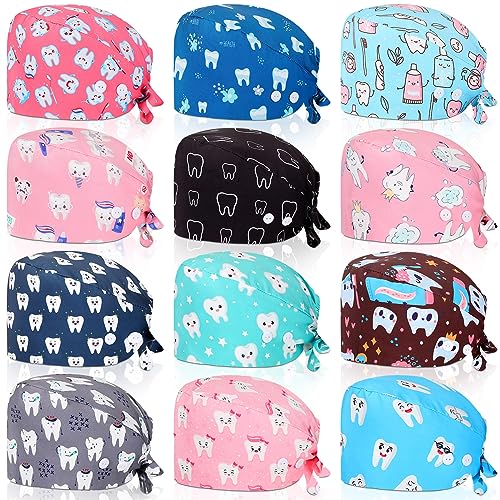 Unittype 12 Pcs Dental Caps for Women Adjustable Dentist Scrub Cap Elastic Nurse Hats Teeth Pattern Working Hats Bulk(Cute Style) Multicolored